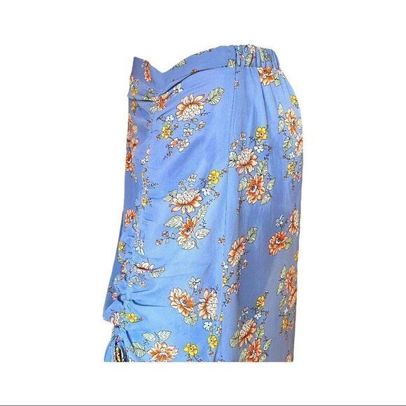 NEW Max Studio Bubble Crepe Side Cinched Skirt Blue Floral Ruffle Wrap Women M - Picture 5 of 9